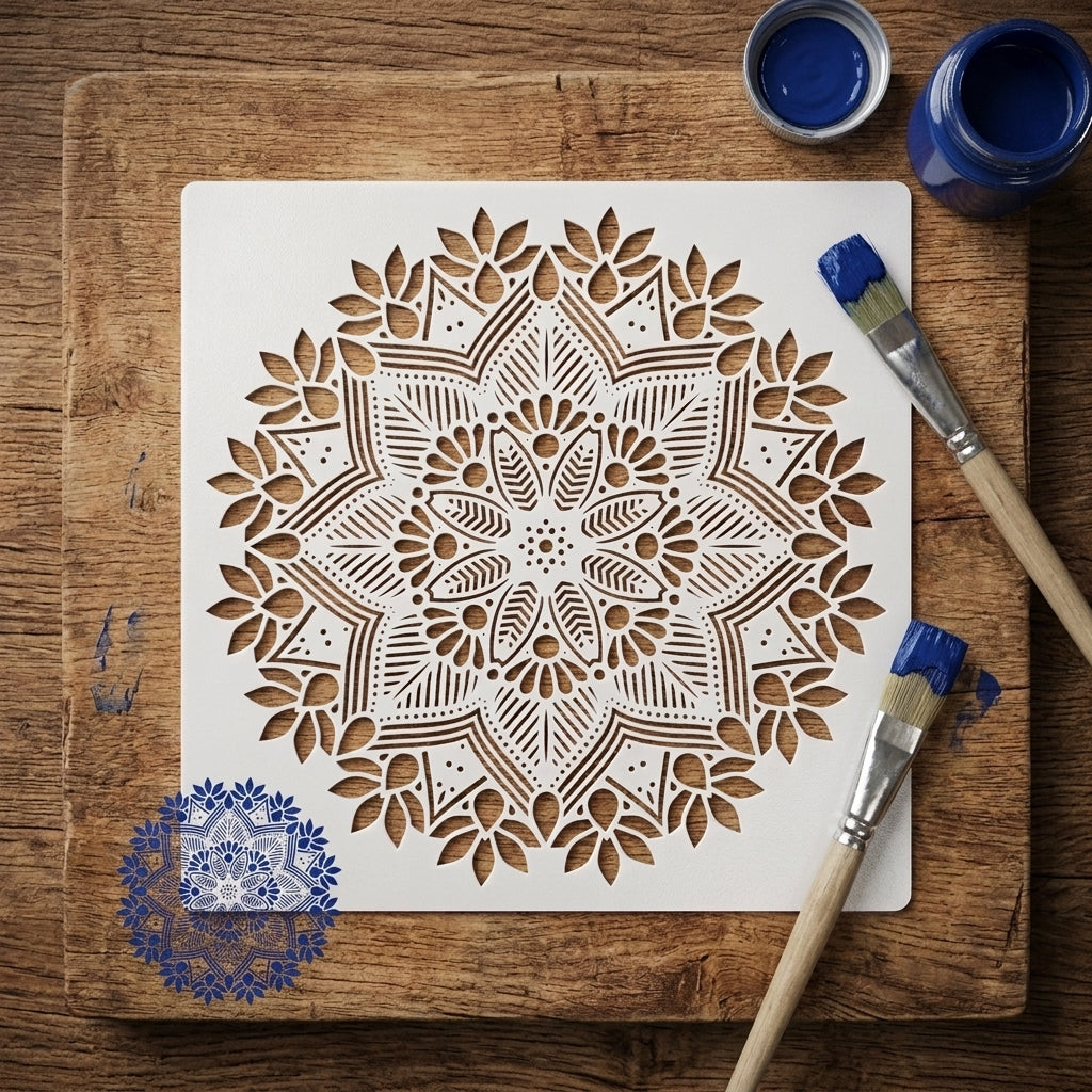 Floral Radiance Mandala Stencil for Wall & Floor Art – Round Boho Pattern – ID# 143