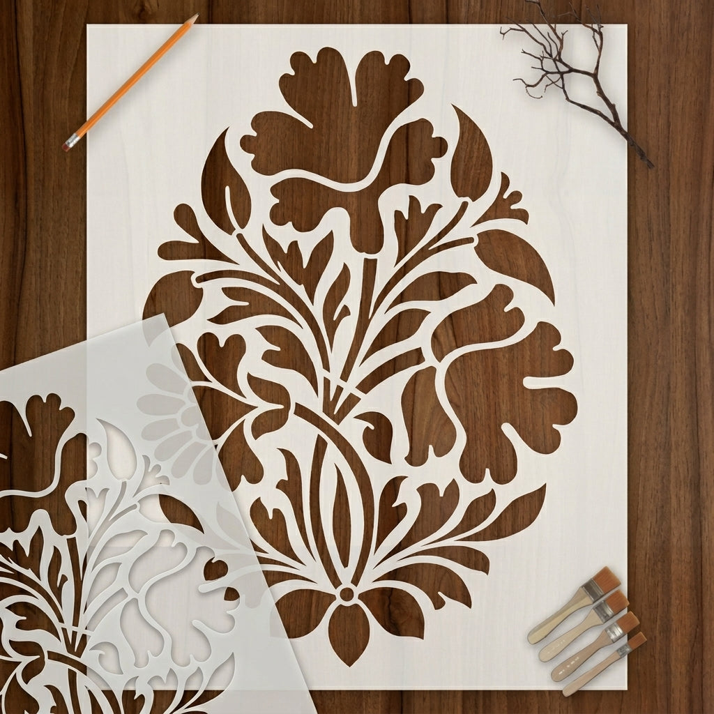 Mughal Floral Pattern Stencil for Wall, Furniture & Floor Art – Traditional Indian Botanical Design – ID# 18