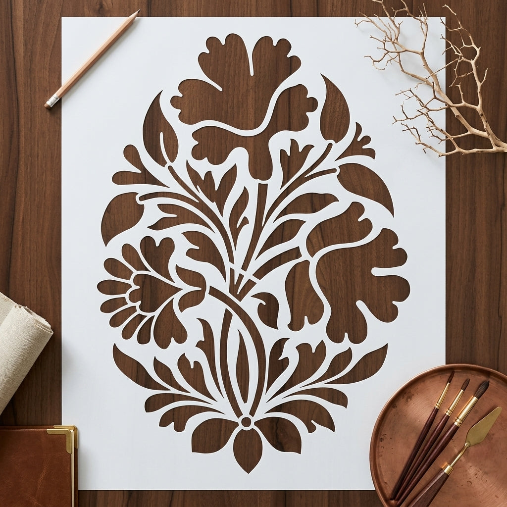 Mughal Floral Pattern Stencil for Wall, Furniture & Floor Art – Traditional Indian Botanical Design – ID# 18