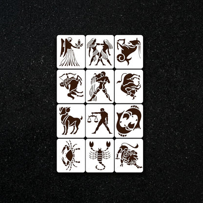 Zodiac Signs Stencil Set for Wall, Wood & Fabric Art – 12-Piece Astrology Symbol Pack – ID# 180