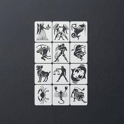 Zodiac Signs Stencil Set for Wall, Wood & Fabric Art – 12-Piece Astrology Symbol Pack – ID# 180