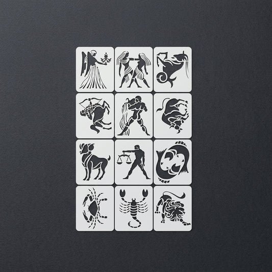 Zodiac Signs Stencil Set for Wall, Wood & Fabric Art – 12-Piece Astrology Symbol Pack – ID# 180