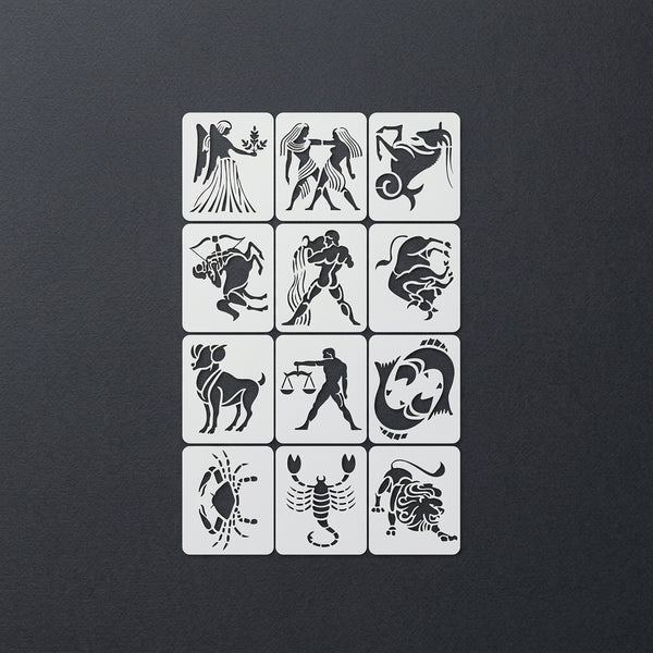 Zodiac Signs Stencil Set for Wall, Wood & Fabric Art – 12-Piece Astrology Symbol Pack – ID# 180