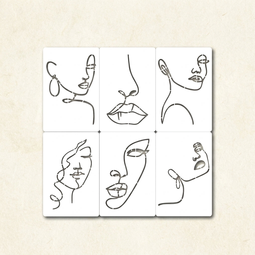 Abstract Face Stencil Bundle for Walls, Canvas & Furniture – Line Art Faces Pack – ID# 655
