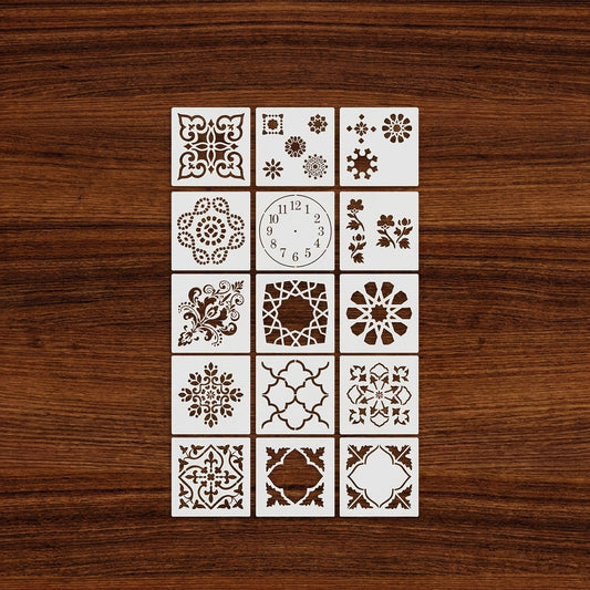 Vintage Tile & Floral Pattern Stencil Pack of 15 for Wall, Floor, Furniture & Fabric Art – Mixed Moroccan & Clock Designs – ID# 674